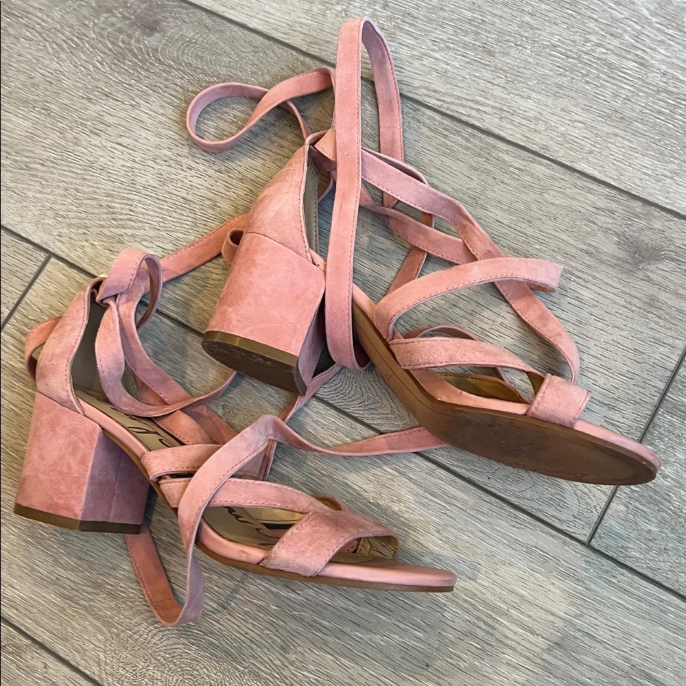 Sam Edelman Pink Suede ankle lace up low heel block heel Sandals size 7 - Picture 11 of 11